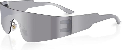 Futuristic Wrap Around Sunglasses Y2K Silver Trendy Rimless Glasses Cyberpunk Eyewear for Women Men Rave Party...