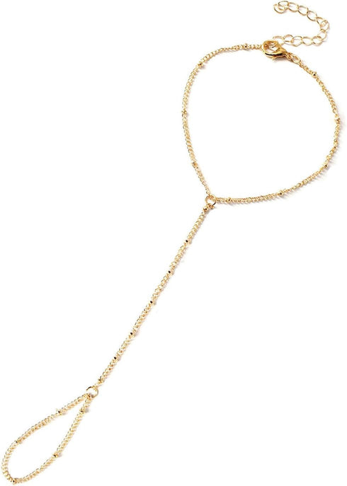 Dainty Gold Hand Chain Bracelet,18K Real Gold Plated Minimalist Handmade Beaded Finger Chain Bracelets for Women...