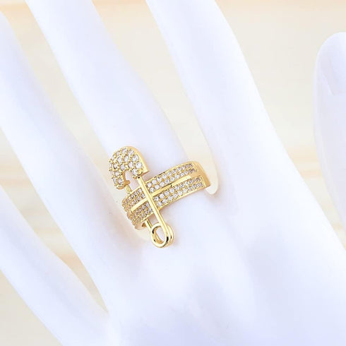 NewZenro Wide Flat CZ Safety Pin Chunky Open Rings Fashion Cubic Zirconia Paved Expandable Engagement Promise Statement Band Rings 14k Gold Plated...