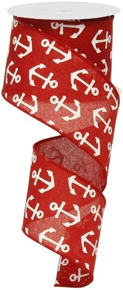 Anchor Wired Edge Nautical Ribbon for Beach and Coastal -Red & White 10" x 10 Yds (30 Ft)...