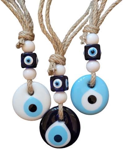 White Evil Eye Wall Glass Hanging Car Charm Ornament Accessory for Rear View Mirror...