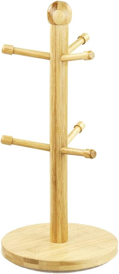 Home Basics Bamboo Mug Tree, Holds Up to 6 Coffee Cups, Free Standing, Circular Base, Kitchen Countertop, Beige (1)...