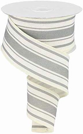 Farmhouse Stripe on Cotton Wired Edge Ribbon - 2.5 Inches x 10 Yards (Ivory, Cool Grey)...