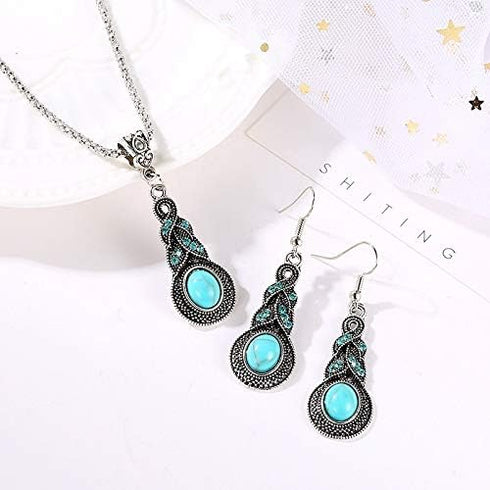 Fuqimanman2020 3pcs Ethnic Simulation Turquoise Set Butterfly Pendant Necklace Bohemian Stretchable Beaded Bracelet Bangle Teardrop for Women Boho...