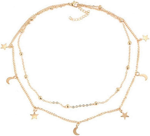 Olbye Moon Star Necklace Layered Satellite Necklace Choker Double Chain Gold Necklace for Women and Girls...