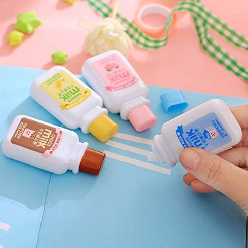 4PCS Milk Bottle Correction tape Kawaii Cartoon Stationery Cute Students School Office Supplies (Brown, Blue, Yellow, Pink - Delivery with Random ...