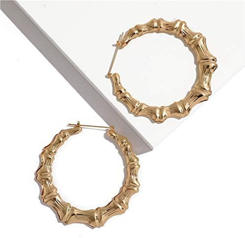 COLORFUL BLING Gold Tone Punk Chunky Link Chain Necklace with Large Hollow Bamboo Shaped Geometric Hoop Earrings Set Statement Jewelry Hip Hop Coo...
