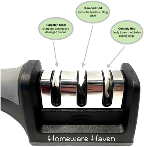 Homeware Haven Kitchen Knife Sharpener | Knife Sharpener | 3 Stage Knife Sharpener | Sharpener | Tungsten Steel Sharpener | Ceramic Sharpener | Di...