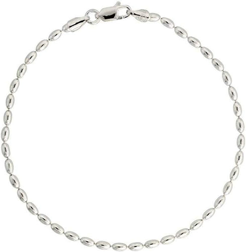 925 Sterling Silver Italian Oval Bead Necklace, 3MM, 4MM Sterling Silver Bead Ball Necklace, Rice Bead Chain Necklace, Beaded Necklace Jewelry, Me...