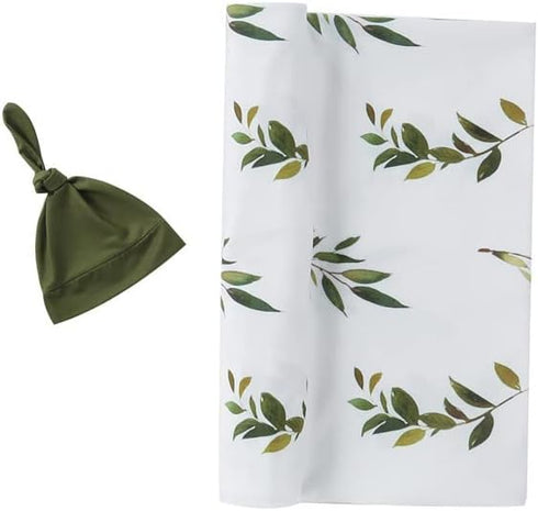 Little Jump stretchy baby Swaddle Blanket and Hat Bow Set, Olive Branches Jersey Cotton Receiving Blanket, newborn hospital outfit for Boys (Green...