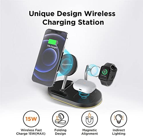 Gigastone 15W Wireless Charging Station, 3 in 1 Strong Magnetic Wireless Charging Stand, Wireless Charger Compatible with iPhone 14/13/12/11/SE/X/...
