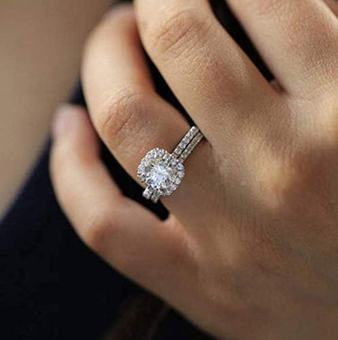 MAIHAO Fashion Ring Cushion Cut ct Zircon Stone 925 Sterling Silver Engagement Wedding Band Ring Cubic Zirconia Promise Halo Engagement Ring Anniv...