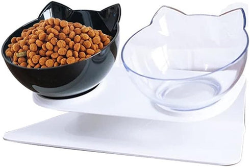 Love Dream Double Dog Cat Bowls with Raised Stand, Pet Food Water Feeder Bowl, 15° Tilted Pet Bowl Stress-Free Suit for Cats Small Dogs (Black+Whi...