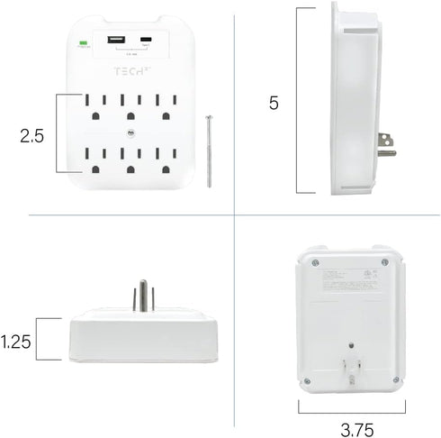 Multi Plug Surge Protector, 6 Outlet with 2 USB A and C Charging Ports 2.4 A ETL Certified Tech2 Multi Outlet for Home, School, Office......