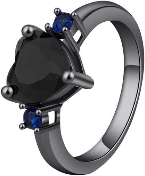 Hsitgexf Black Gold Plated Heart & Blue Round CZ Cubic Zirconia Promise Statement Ring,Women's Fashion 3-Stone Wedding Engagement Ring (US size 9)...