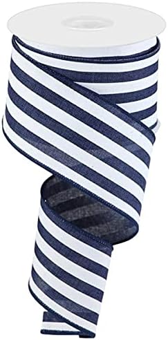 Vertical Stripe Wired Edge Ribbon - 10 Yards (Navy, White, 2.5 Inch)...