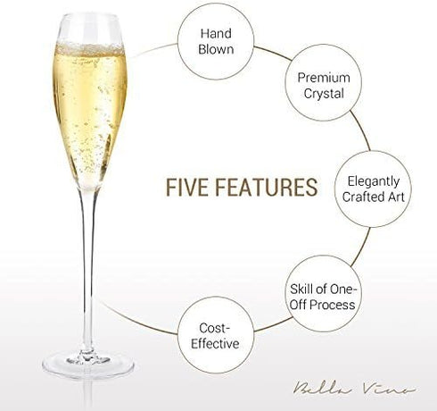 Bella Vino Hand Blown Crystal Champagne Flutes - Bella Vino Standard Champagne Glasses Made from Premium Crystal Glass, Great Gift, 10.5", Clear, ...