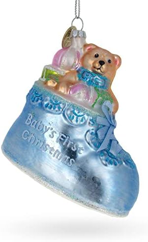 Teddy Bear Nestled in a Blue Shoe for Baby's First Glass Christmas Ornament...