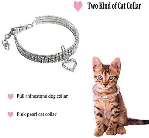 Rhinestones Dog Collar and Pearl Dog Necklace Set, Adjustable Neck Strap Bling Full Diamond Crystal Cute Pearl Dog Collar for Small Girls Cats Pup...