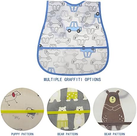 Baby Bib Waterproof With Snaps for Infants and Toddlers - 4pcs Food Catcher Bibs (Car Puppy Bear)...