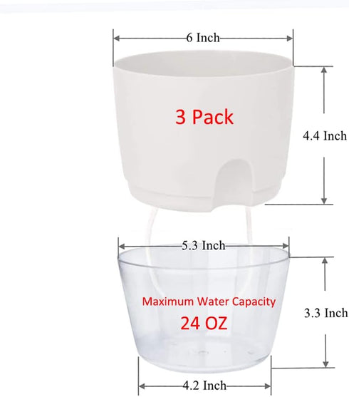 Self Watering Planters for Indoor Plants, 3 Pack 6 Inch African Violet Pots, Modern Decorative Flower Pots with Transparent Water Reservoir, Perfe...