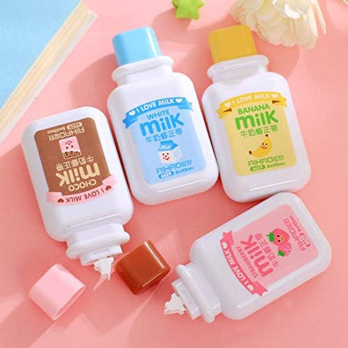 4PCS Milk Bottle Correction tape Kawaii Cartoon Stationery Cute Students School Office Supplies (Brown, Blue, Yellow, Pink - Delivery with Random ...