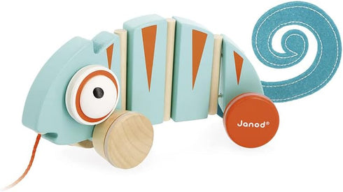 Janod - Tropik Pull-Along Chameleon - Wooden Early-Learning Toy - Silent Wheels - Educational Walking and Balancing Toy - Water-Based Paint - 1 Ye...