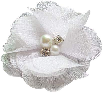 Chenkou Craft Pack of 12pcs Chiffon Flowers Ribbon Bows W/Beads 2-3/8" (60mm) Appliques Wedding Decor Bulk Lots (White)...