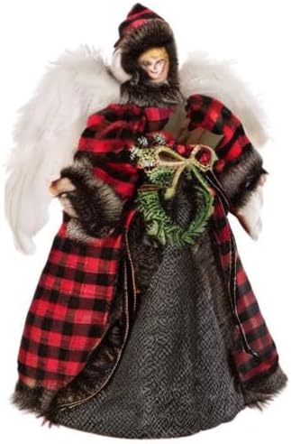 Glitzhome Handmade Plaid Angel Figurine Christmas Treetop Ornament Decoration 12" H - Red & Black...