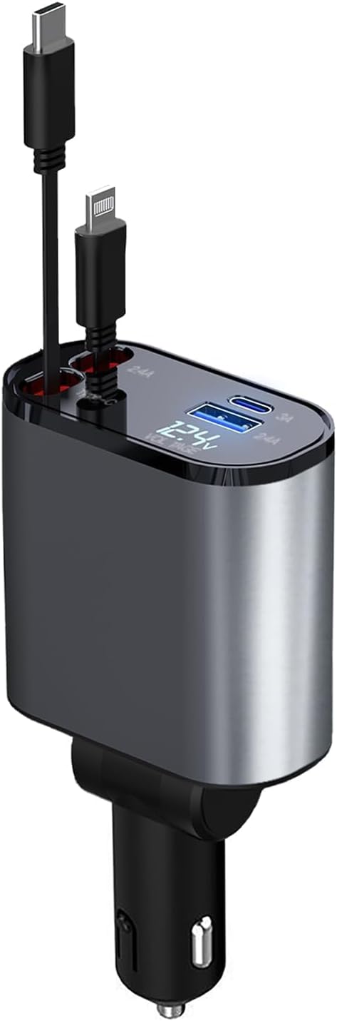 Retractable Car Charger, 66W 4 in 1 Super Fast Charging Car Phone Charger with 2 Retractable 31.5 Inch Cables and 2 USB Ports for iPhone 15/14/13/...