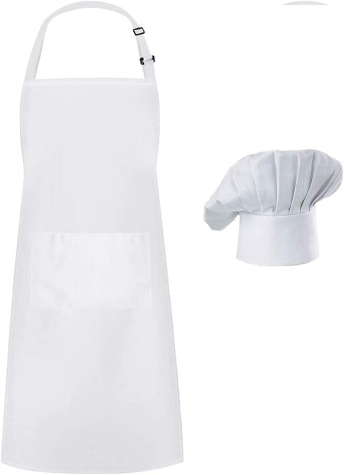 Hyzrz Chef Apron Hat Set, Chef Hat and Adult Kitchen Pocket Adjustable Apron with Butcher Hat Baker Costume for Men and Women Father's Gift (White...