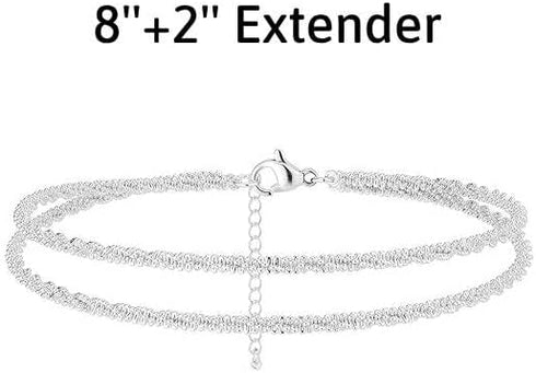 Sterling Silver Ankle Bracelets for Women, Double Layered Silver Glitter Anklets Fashion Daily Anklet Summer Beach Foot Chain Jewelry Gifts for Wo...