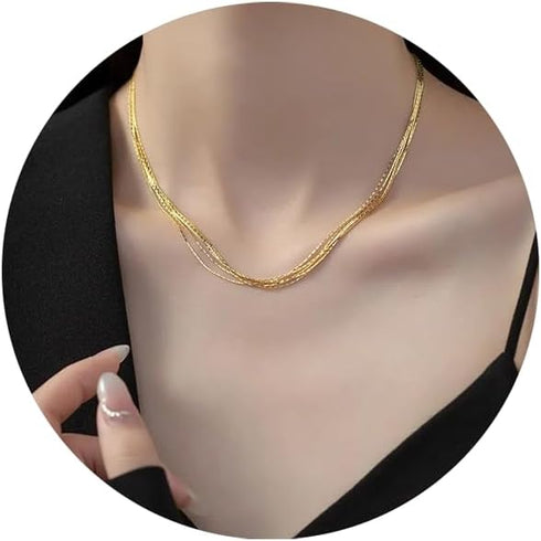 JINEAR Super Thin Herringbone Gold Choker Necklaces for Women, 14K Gold Filled Necklace Five Layer Cute Snake Chain Necklace Handmade Layered Gold...