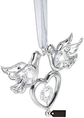 Matashi Chrome Plated Crystal Studded Silver Love Doves Birds Hanging Ornament with Heart, Romantic Gift, Love Symbol for Christmas, Anniversary, ...
