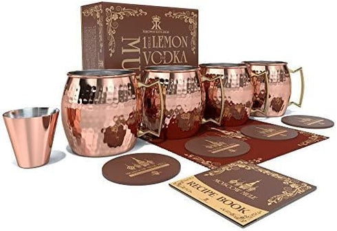 Hammered Moscow Mule Copper Mug Set of 4| Stainless Steel Lining | 16 oz...