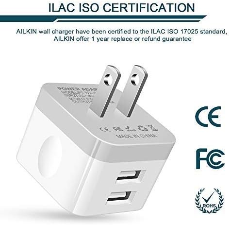 2Pack USB Wall Charger Plug, AILKIN 2.4A Dual Port USB Adapter Power Cube Fast Charging Station Box Base for iPhone 15 14 13 12 Pro Max SE 11 XR X...