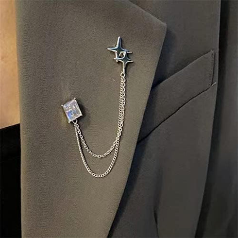Silver alloy zircon star tassel chain brooch pin square accessory corsage anti-glare...