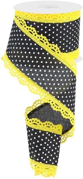 Craig Bachman 2.5" Swiss Dots Lace Edge Ribbon: Black/Yellow (10 Yards) Wired Ribbon Gift Decorating...