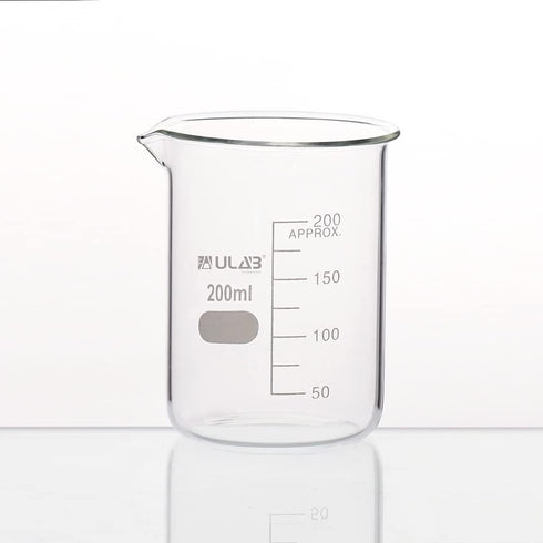 ULAB Scientific Glass Beakers, Vol. 200ml, 3.3 Borosilicate Griffin Low Form with Printed Graduation, Pack of 4, UBG1032...