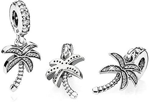 Palm Tree Dangle Charms 925 Sterling Silver Tree Pendant with Cubic Zirconia for Bracelets...