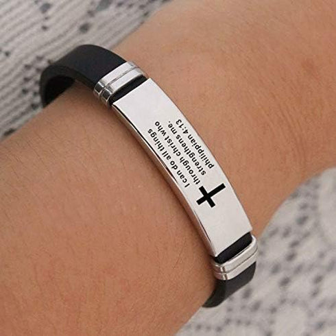 Inspirational Quote Cross Bracelets Faith Christian Bible Verse Silicone ID Wristband Religious Gifts for Men Women Boys Girls Stainless Steel Rub...