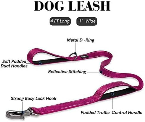PetiFine 4FT Heavy Duty Dog Leash with Soft Padded Double Handle, Durable Strong Clasp Dog Leashes, Reflective Nylon Walking Lead for Large,Medium...
