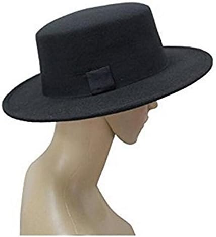 Fashion Black Wool Blend Flat Brim Elegant Fedora Hat Panama Style Bowler Cap Jazz Hat with Belt for Winer Autumn...