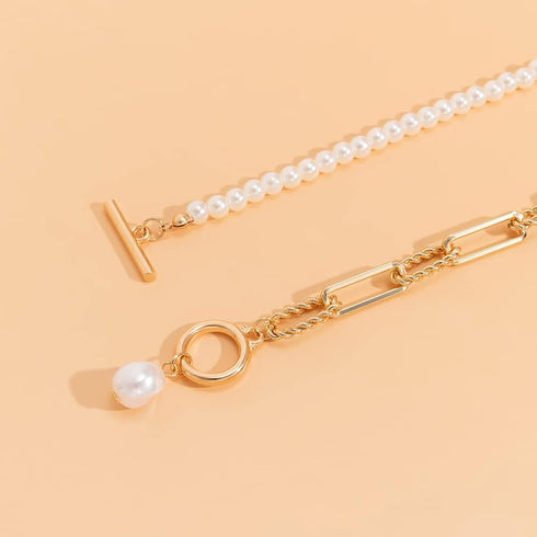 Pearl Choker Necklace Paperclip Necklace Asymmetry Pearl Link Chain Necklace Gold Beaded Necklace Toggle Clasp Necklace for Women Teen Girls...