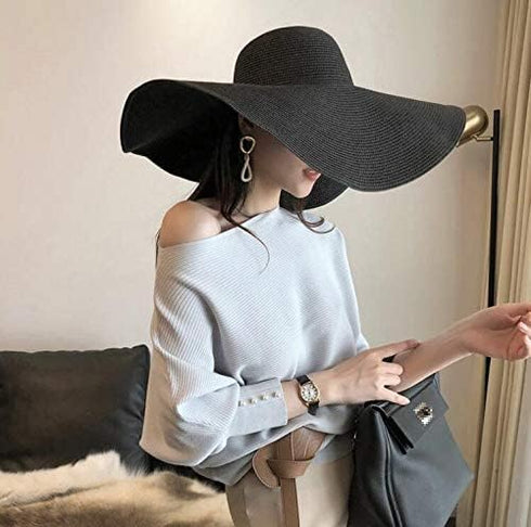 1Pcs Women Wide Brim Straw Hat Foldable Beach Floppy Sun Hat Black...