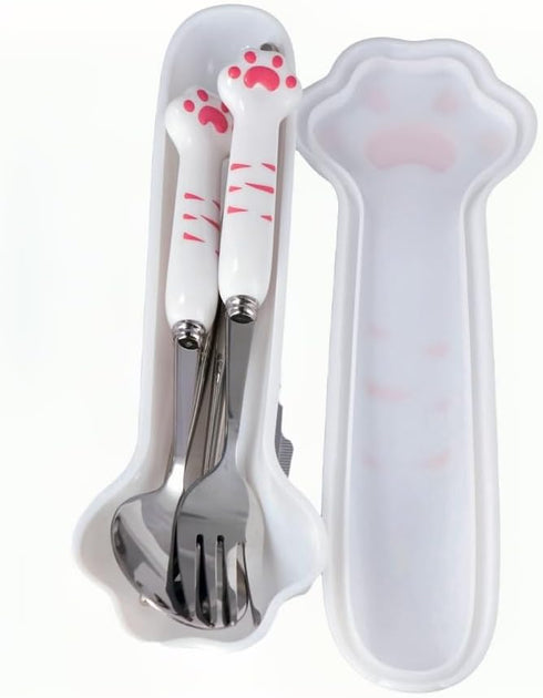 3 Piece Cartoon Cute Cat Claw Spoon Fork Chopstick Set Outdoor Camping Portable Tableware Set(pink)...