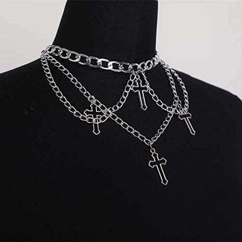 COLORFUL BLING Goth Cross Choker Necklace Gothic Layered Chunky Pendant Necklaces Egirl Silver Plated Long Multilayer Chains 40 inches For Women T...