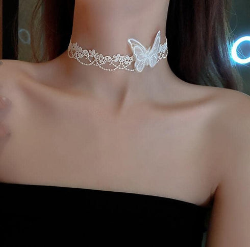 White Gothic Lace Butterfly Chain Collar Necklace Lace Pattern Choker Necklace Elegant Pure Beautiful Bride Wedding Accessories Vintage Neck Jewel...
