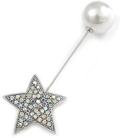 AB Crystal Star, Pearl Bead Lapel, Hat, Suit, Tuxedo, Collar, Scarf, Coat Stick Brooch Pin In Silver Tone Metal - 70mm L...