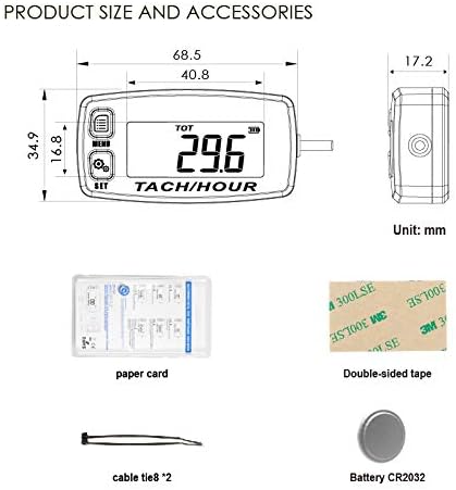 Jayron JR-HM032A Self Powered Digital Tach/Inductive/Maintenance/Waterproof/Backlit/Shutdown Hour Meter,Battery Replaceable,for Lawn Mower Tractor...